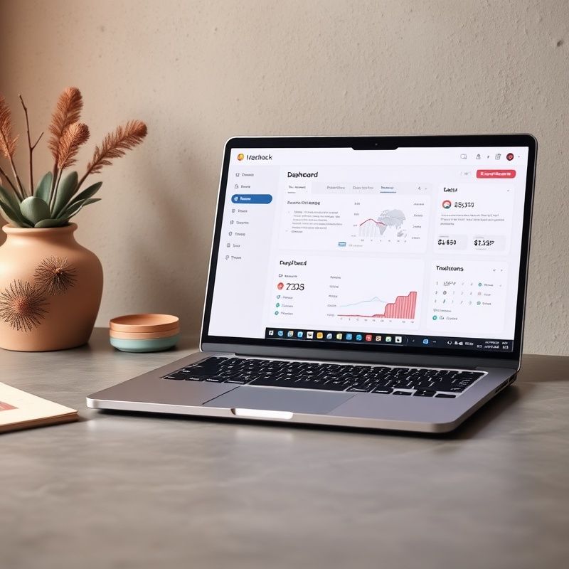 Dashboard SaaS moderna visualizzata su laptop su scrivania grigio ardesia