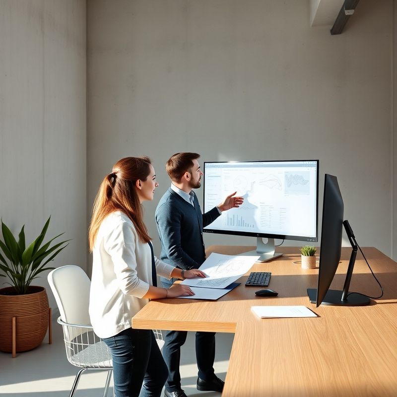Due professionisti in un ufficio moderno a Trieste rivedono diagrammi tecnici su un grande monitor